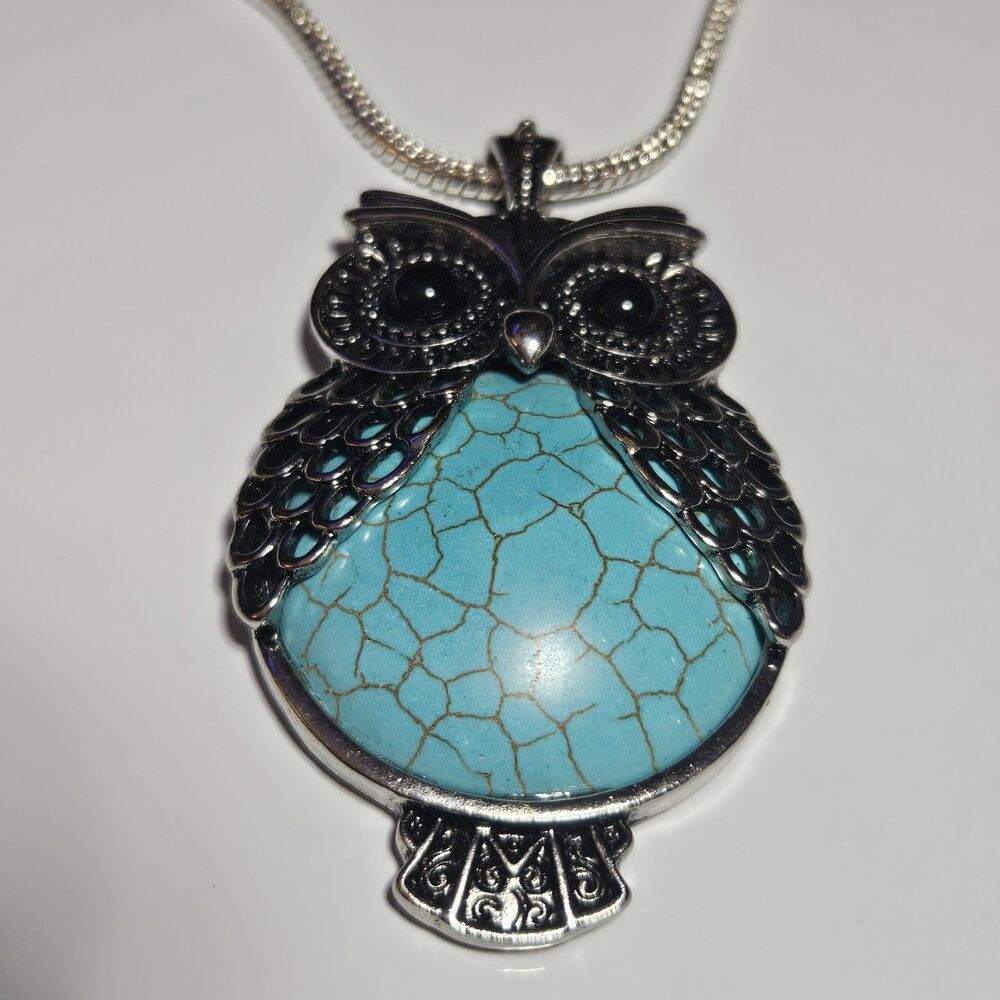 Silver Tone Large Blue Turquoise Owl Pendant Necklace 30" Chain - Picture 14 of 14